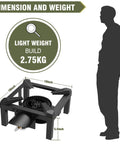 Dimensions of 100,000 BTU High Pressure Propane Burner Stove With Heat Shield Guard, lightweight at 2.75kg, 10-inch size.