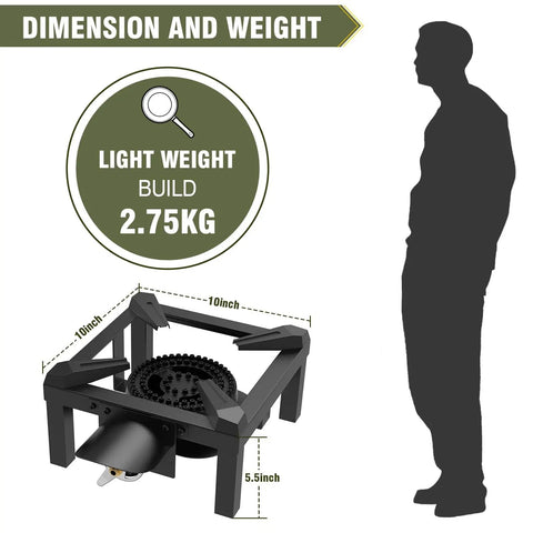 Dimensions of 100,000 BTU High Pressure Propane Burner Stove With Heat Shield Guard, lightweight at 2.75kg, 10-inch size.