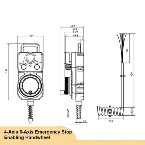 Technical diagram of 5V MPG Handwheel Motion Control System for 4 Axis and 6 Axis CNC Machines with Emergency Stop Pendant