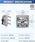 Product specifications for 12 Inch Shutter Exhaust Fan Wall Mounted Aluminum With 1.65 Meters Power Cord Kit High Speed 1450 CFM.