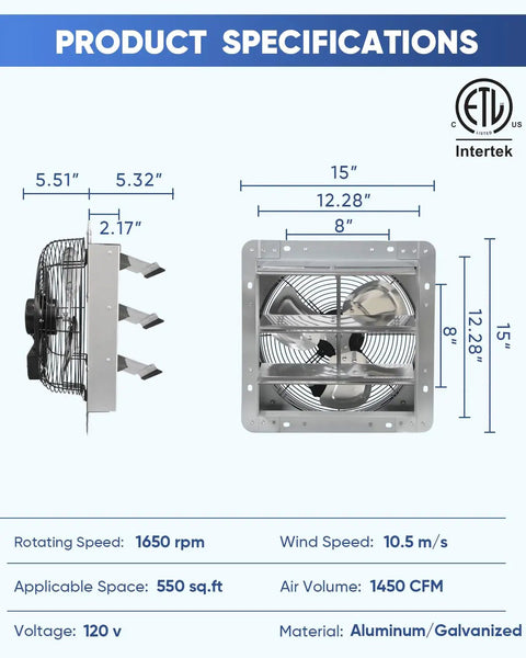 Product specifications for 12 Inch Shutter Exhaust Fan Wall Mounted Aluminum With 1.65 Meters Power Cord Kit High Speed 1450 CFM.