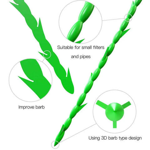 Close-up of Five In One Drain Snake Kit With Five Pack Flexible Drain Augers showing 3D barb design and suitability for small pipes.