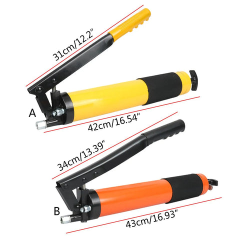 Portable Grease Gun Tool With 21 Oz Load And Anti Slip Lever Handle For Leakproof Lubrication, yellow and orange, labeled dimensions