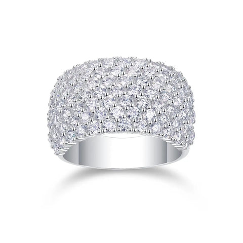 Dreamy Platinum Plated Moissanite Grid Engagement Ring For Her Wide Sterling Silver Bridal Wedding Band With Lab Created Round Stones D Color VVS1 Clarity Statement Ring Offering Diamond Level Fire And Flair, showing detailed accent stones.
