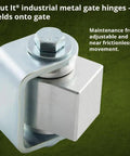 Built Tough Weld On Gate Hinge With Aluminum Body And Steel Bracket features smooth adjustment for industrial gate security.