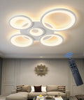 Living room with 80W Dimmable LED Ceiling Light With Remote Control 5 Ring Flush Mount Acrylic Lamp White Chandelier Lighting For Living Room Dining Room Bedroom Kitchen 7200lm Dope Bright LED Fixture