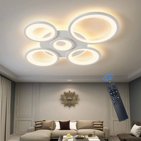 Living room with 80W Dimmable LED Ceiling Light With Remote Control 5 Ring Flush Mount Acrylic Lamp White Chandelier Lighting For Living Room Dining Room Bedroom Kitchen 7200lm Dope Bright LED Fixture
