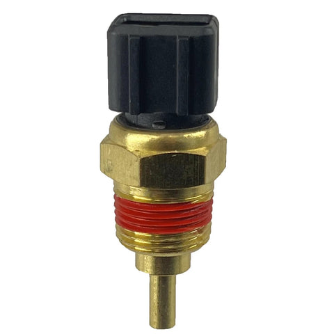 Automotive coolant temperature sensor with brass body, red thread sealant, and black plastic connector (front view).