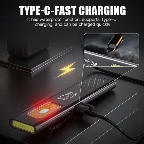 Pocket LED Flashlight With Clip On Magnetic Base And Dual Light Sources For EDC Five Modes And 500 Lumens For Everyday Carry Camping Hiking Night Work And Emergencies Green displaying Type-C charging port on black surface