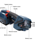 Heavy Duty Electric Strapping Machine Featuring Hot Melt Friction Lock And Rock Solid Adjustable Tension For Thick Tire Bundles showing components like handle and battery case.