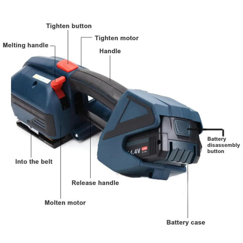 Heavy Duty Electric Strapping Machine Featuring Hot Melt Friction Lock And Rock Solid Adjustable Tension For Thick Tire Bundles showing components like handle and battery case.
