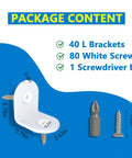 40 Small White L Brackets With 80 White Screws Set For Wood Projects, Cabinets, Drawers, And Chairs shown with sizes and components.