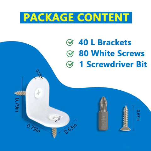 40 Small White L Brackets With 80 White Screws Set For Wood Projects, Cabinets, Drawers, And Chairs shown with sizes and components.