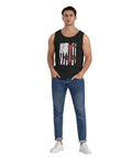 Hella Comfy Mens Tank Top With Dope American Flag Print And Super Breathable Sleeveless Tee For Kickass Gym Sessions. Model wearing black cotton tank top.