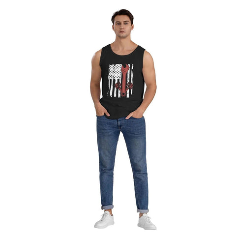 Hella Comfy Mens Tank Top With Dope American Flag Print And Super Breathable Sleeveless Tee For Kickass Gym Sessions. Model wearing black cotton tank top.