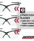 3-pack of SG Series Safety Glasses for Men and Women, Anti Scratch Lenses in Black Frame, ANSI Z87.1 Eye Protection
