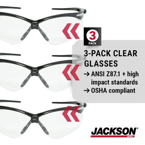 3-pack of SG Series Safety Glasses for Men and Women, Anti Scratch Lenses in Black Frame, ANSI Z87.1 Eye Protection
