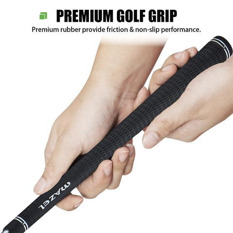 Close-up of hands holding a golf club grip from Men's 9-Piece Golf Iron Set With Steel Shafts For Right-Handed Players, premium rubber material.