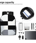 Slick Black And White Piano Grid Laptop Backpack Crafted From Heavy Duty Waterproof Oxford Cloth With Ultra Plush Straps for organizing items.