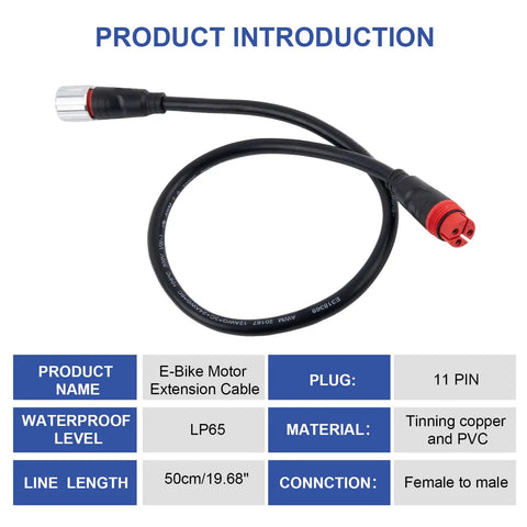 Beefed Up E Bike Motor Extension Cable 70cm 27.5 Inch Waterproof Aluminum Connector 8mm Wire Outdoor Weather Resistant 1121AG 1121AM Compatible 3 Square Thread Heavy Duty Marine Grade Build, black with red connector on white background