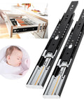 Soft Close Drawer Slides Full Extension Side Mount 12 To 24 Inch Ball Bearing Metal Rails shown with drawer and sleeping baby