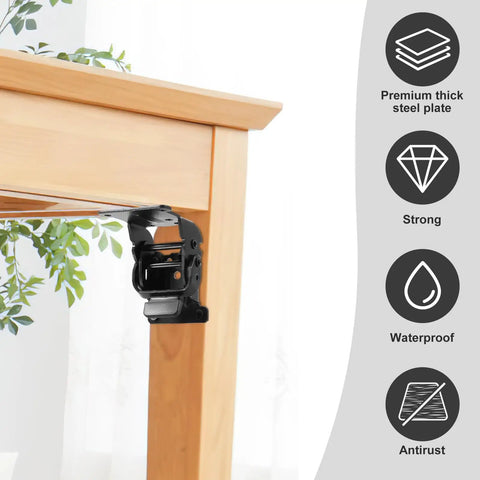 Heavy Hitter Locking Hinges 90 Degree Folding Table Leg Brackets shown mounted on a wooden table with greenery.