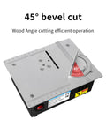 Compact Mini Table Saw With 24V Motor And 63mm Blade For Quick Woodwork Projects Featuring Easy Forty Five Degree Angled Cuts Plus Built In Safety Guard showing 45° bevel cut angle adjustment.