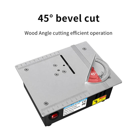 Compact Mini Table Saw With 24V Motor And 63mm Blade For Quick Woodwork Projects Featuring Easy Forty Five Degree Angled Cuts Plus Built In Safety Guard showing 45° bevel cut angle adjustment.