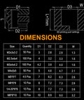 Dimensions and specifications for Heat Set Insert Tool Kit With M2 Through M8 Insert Tips, 380 threaded inserts for 3D printing projects
