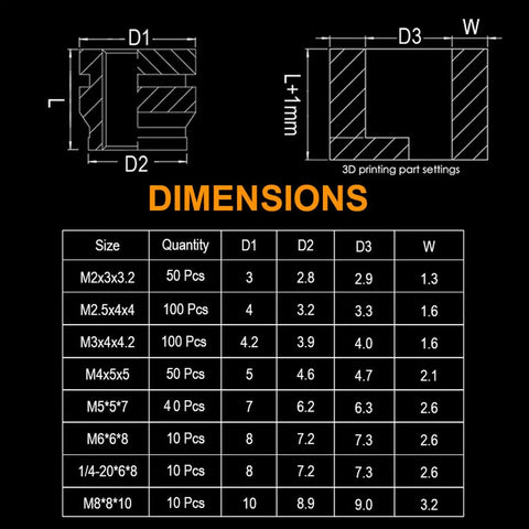 Dimensions and specifications for Heat Set Insert Tool Kit With M2 Through M8 Insert Tips, 380 threaded inserts for 3D printing projects
