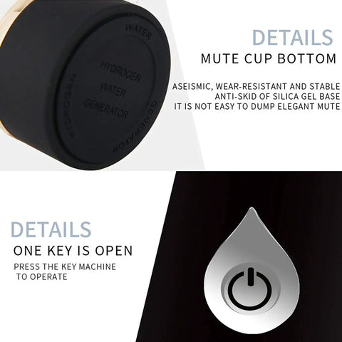 Your Portable Hydrogen Water Bottle Generator Is A Top Shelf Tool For Crafting 1500 PPB Antioxidant Drinks In Three Minutes Via Quick Usb Power So You Stay Hydrated Zero Sweat In A Comfortable 420ML Coffee Tinted Travel Cup showing mute cup bottom and power button details.