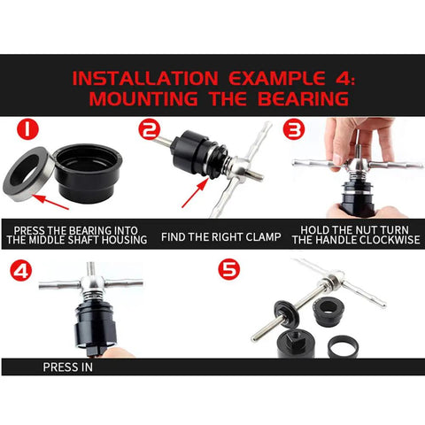 Installation steps using Pro Grade Bike Bottom Bracket Press And Removal Tool Kit for BB86 BB30 BB91 BB92 PF30 with bearing mount.