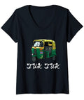 Womens V Neck Graphic Tee With Hella Cool Tuk Tuk Rickshaw Print For Bangkok Street Travel Vibes in black cotton blend.