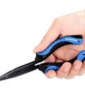 Intimidator 7 Inch Straight Nose Fishing Pliers for Hook Removal and Crimping with blue polymer grip held in hand