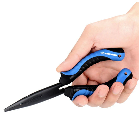 Intimidator 7 Inch Straight Nose Fishing Pliers for Hook Removal and Crimping with blue polymer grip held in hand