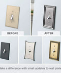 Comparison of wall plates before and after updates, including Architectural 2-Gang Matte Black Wall Plate With Single Switch And Duplex Combo Cover Zinc Construction For Durability 1 Pack Classic American Style Electrical Outlet Cover.