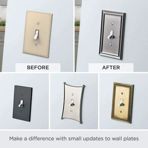 Comparison of wall plates before and after updates, including Architectural 2-Gang Matte Black Wall Plate With Single Switch And Duplex Combo Cover Zinc Construction For Durability 1 Pack Classic American Style Electrical Outlet Cover.