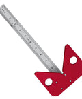 Solid As A Rock Aluminum Circle Center Finder With Forty Five Nine Zero Right Angle Square And Detachable Marking Ruler for layouts, showing red design and stainless steel scale.
