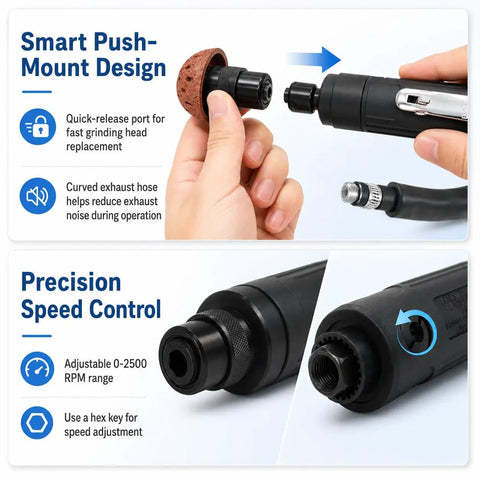 Hands showcasing push-mount design and speed control of Heavy Duty Tire Patch Tools Kit With 2500 RPM Air Buffer.