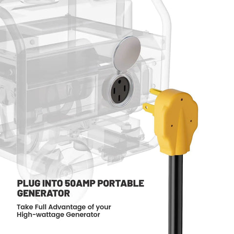 Plug into a 50 Amp portable generator with the Heavy Duty Nema 14 50 Adapter For Tesla Gen 2 And 3 Mobile Charger 32 Amp 250 Volt.
