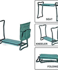 Heavy Duty Garden Kneeler And Seat With Handy Tool Bag Foldable Portable Kneeling Stool For Outdoor Gardening With Kneeling Pad And EVA Foam Cushion Ergonomic Steel Frame Bench For Weeding And Planting in folding position with tool bag.