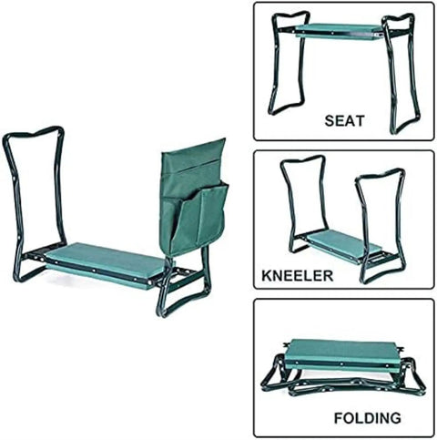 Heavy Duty Garden Kneeler And Seat With Handy Tool Bag Foldable Portable Kneeling Stool For Outdoor Gardening With Kneeling Pad And EVA Foam Cushion Ergonomic Steel Frame Bench For Weeding And Planting in folding position with tool bag.