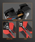 Close-up of self adjusting wire stripper 3 in 1 automatic tool for 9-20 AWG cables showing stripping, cutting, and crimping functions.