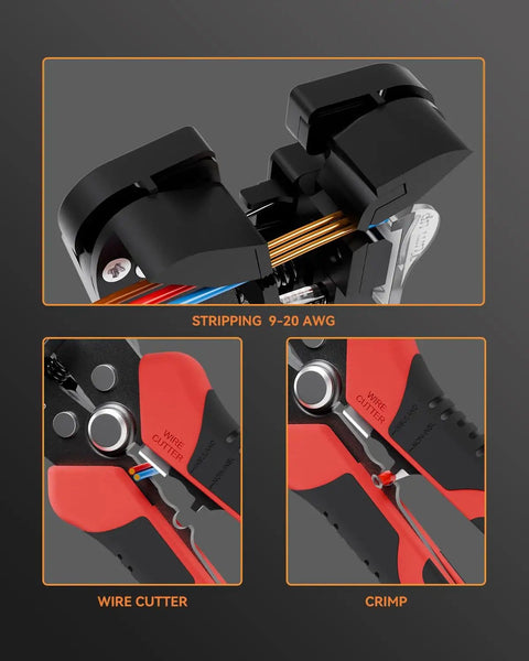 Close-up of self adjusting wire stripper 3 in 1 automatic tool for 9-20 AWG cables showing stripping, cutting, and crimping functions.