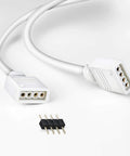 2 Pack 5M RGB LED Strip Extension Cable With 4 Pin Solderless Connector Kit, close-up on white connectors and male pin jumpers