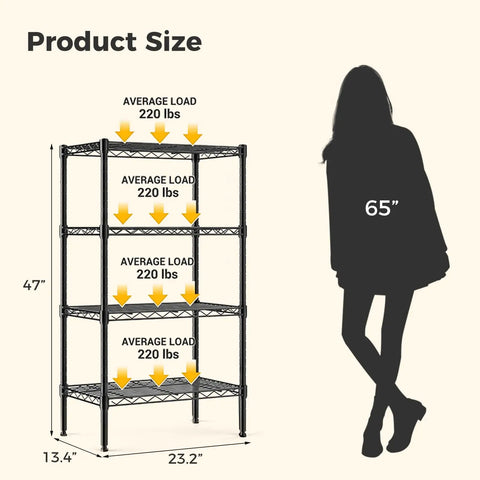 Beefy 4 Tier Wire Storage Shelves With 200 Lbs Per Shelf Capacity, Heavy Duty Steel Rack With Black Finish For Kitchen, Garage, Pantry, And Workshop Organization. 47x23.2x13.4 in