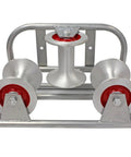 Heavy Duty Cable Guide Pulley Built Tough With Steel And Aluminum Wheels For Slick Wire Routing And Quick Line Shifts On Busy Job Sites Using Low Friction Bearings That Let Cables Glide Smooth Without Any Snags Or Drag, featuring three wheels and a sturdy metal frame.