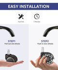 Easy installation steps for Heavy Duty Office Chair Wheels Replacement Set Of 5 Smooth As Butter Polyurethane Casters shown.