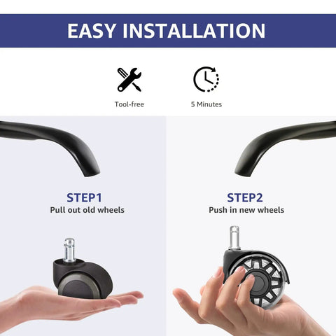 Easy installation steps for Heavy Duty Office Chair Wheels Replacement Set Of 5 Smooth As Butter Polyurethane Casters shown.