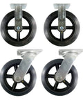 Heavy Duty 10 Inch Rubber On Cast Iron Caster Set With Two Rigid And Two Swivel Wheels showing black rubber wheels and metal brackets.